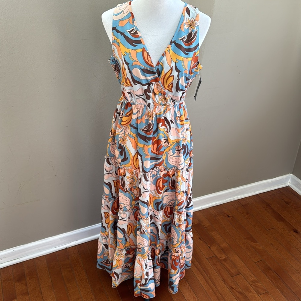 Boston Proper‎ Printed Tiered Midi Multi Color V-Neck Sleeveless Dress Size S - Picture 6 of 12